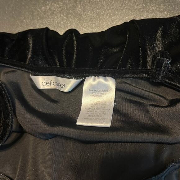 Delicates Black Velvet Slip Dress L Floral Embroidered Maxi Soft Goth Y2K - Picture 9 of 10